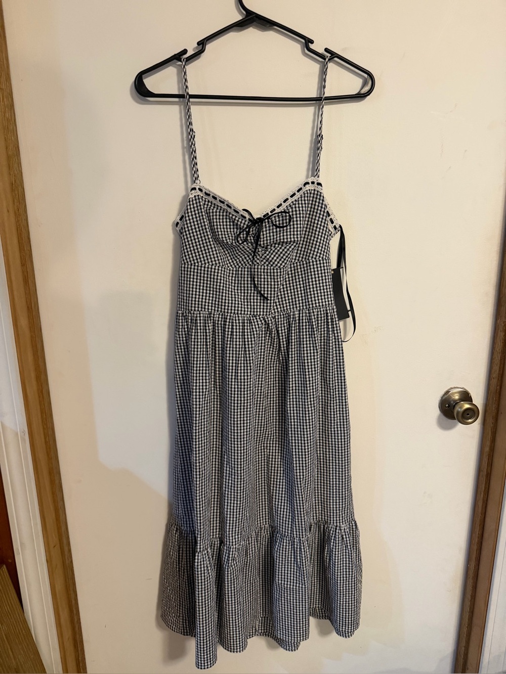Gingham Spaghetti-Strap Midi Dress in Black & White